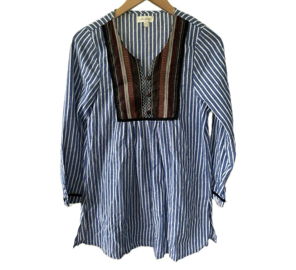 Velzera 100% Cotton Embroidered Applique Button Up Bib Stripe Long Sleeve Tunic